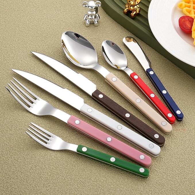 6-Piece Stainless Steel Silverware Cutlery Set - Color Handle with Rivet/Retro Style Sabre Flatware - Includes Dinner Knife; Dinner Fork; Salad Fork; Soup Spoon; Teaspoon; Spreader (Green)