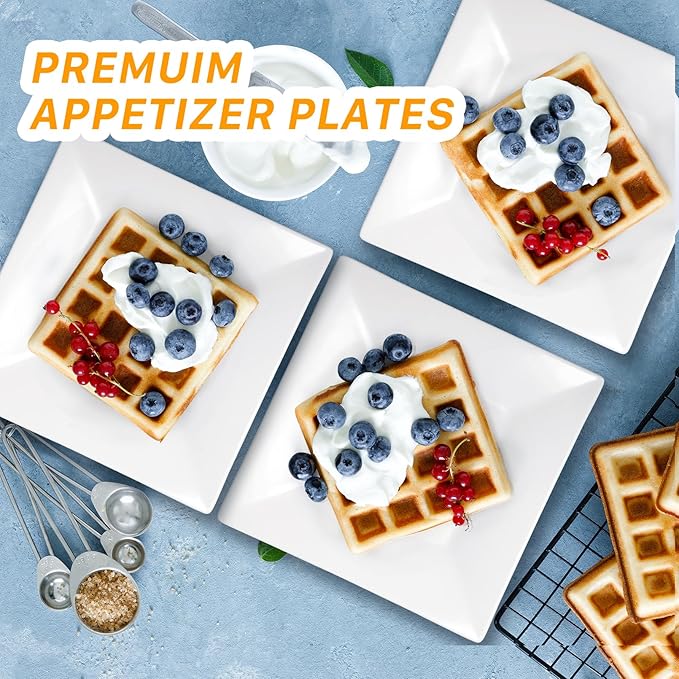 7.8 Inch Appetizer Plates, 6 Pack Porcelain Square Dinner Plates, Square Serving Plate, Serving Dishes for Steak, Snacks, Salad,Pasta, White