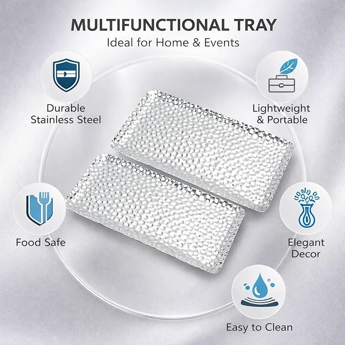 Hammered Stainless Steel Tray, Small Gold Serving Platter, 19.5x9.5cm - Durable Food Grade, Elegant Table Accent for Coffee, Tea, Fruit, Veggie Tray (Silver)