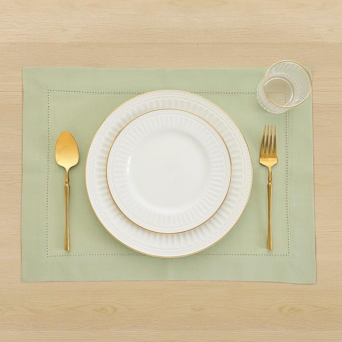 Solino Home Sage Placemats Set of 4 - Cotton Linen Hemstitch Placemats 14 x 19 Inch for Spring, St Patricks Day, Easter