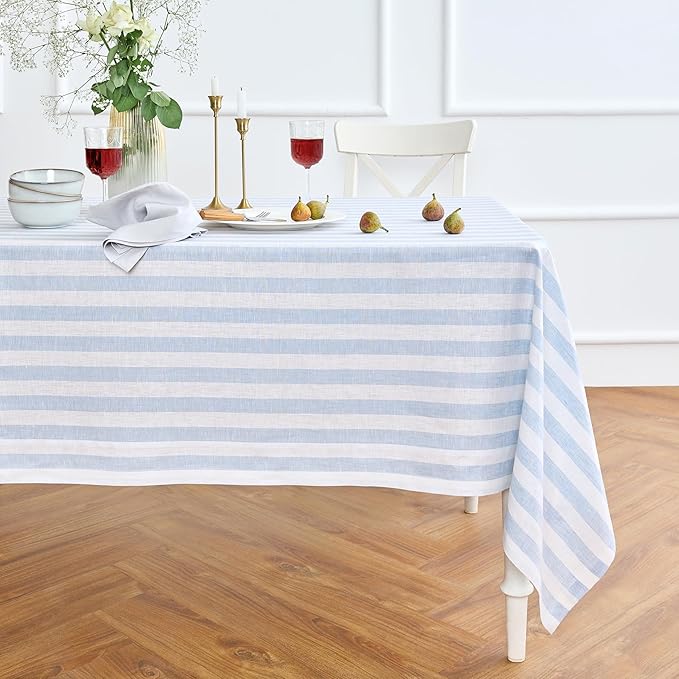Solino Home Linen Square Tablecloth 52 x 52 Inch - Sorrento Stripe, 100% Pure Linen Blue and White Table Throw - Machine Washable Tablecloth for Winter, Spring, Easter