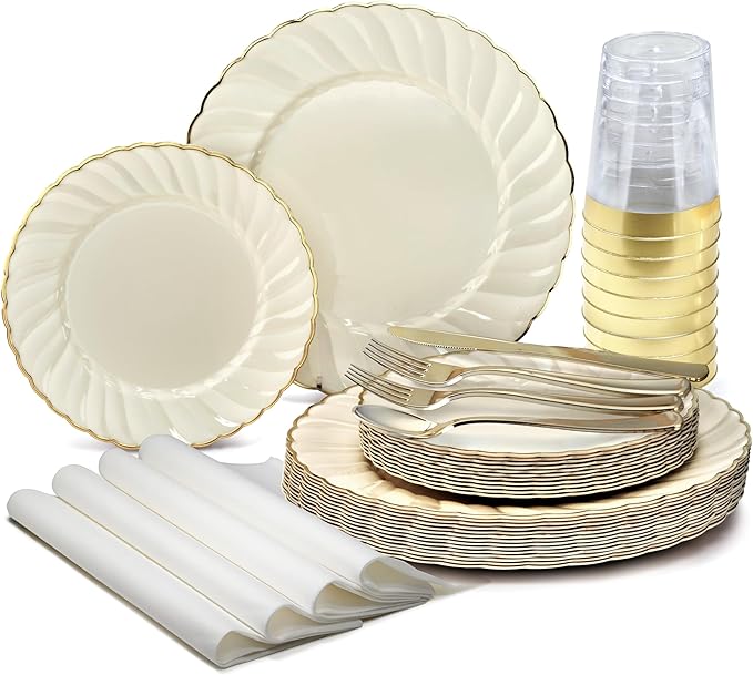 " OCCASIONS " 200pcs set (25 Guests)-Vintage Wedding Party Disposable Plastic Plates -25 x 10.25'' + 25 x 7.5'' +Silverware +Gold rim Cups +Napkins (Blossom Ivory & Gold)