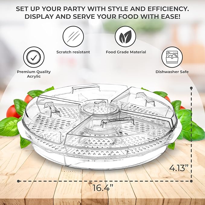 Chef's Star 16" Food Tray with Ice Compartment & Lid - 8 Section with Dip Holder Clear Acrylic Chilled Bowl for Lunch, Picnics & Parties
