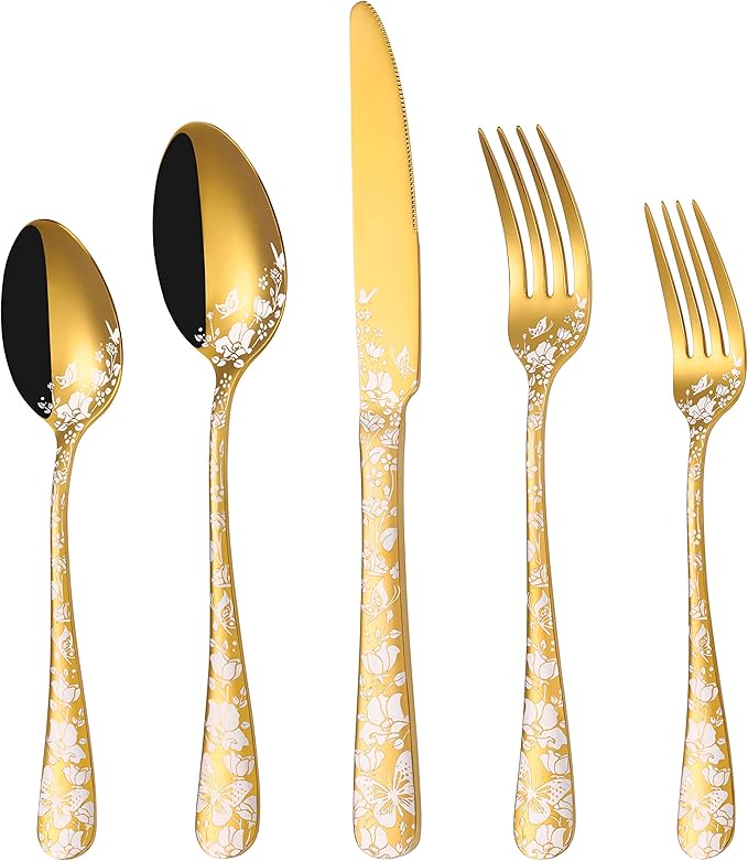 Stapava 20-Piece Gold Silverware Set for 4, Stainless Steel Flatware Cutlery Set, Unique Tableware Utensil Sets Include Forks, Spoons and Knives Set, Mirror Polished, Dishwasher Safe