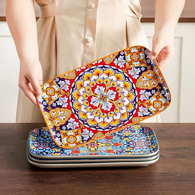 vancasso Serving Platters Set of 4, 12" x 7.4" Inch Rectangular Trays - Large Serving Dishes for Entertaining Food, Bohemian Ceramic Serving Trays for Party, Microwave & Dishwasher Safe, Vintage