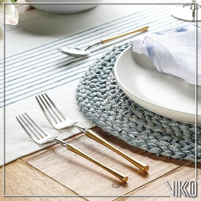 Vikko Decor Vintage Silverware Set: Brushed Silver and Gold Silverware- Luxury 18/10 Stainless Steel Flatware - Satin Matte Cutlery Set for Upscale Dining - 20 Piece Set - Service for Four (4)