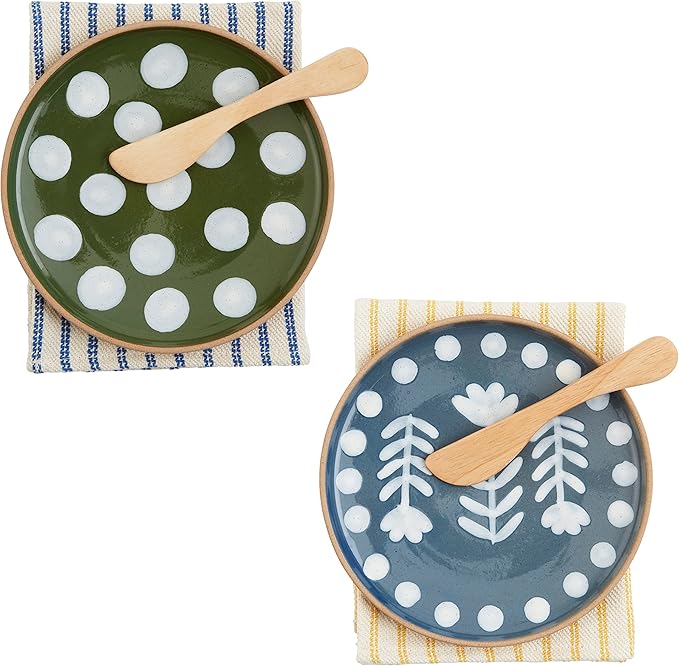 Mud Pie Dotted App Set, plate 6 1/2" dia, spreader 5 1/2", towel 21" x 14", Green