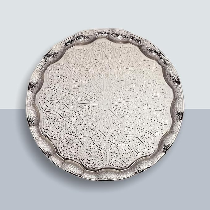 Alisveristime Turkish Ottoman Coffee Tea Serving Tray – 13.60 inches, Metal with Traditional Motifs, Available in Five Colors (Gray)