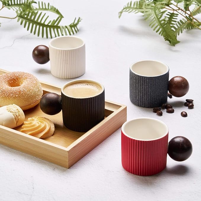 CLASGLAZ Ceramic Mini Espresso Cups Demitasse Cups with Round Wooden Handle Vertical Stripes Tea Cups (white, 2pcs)