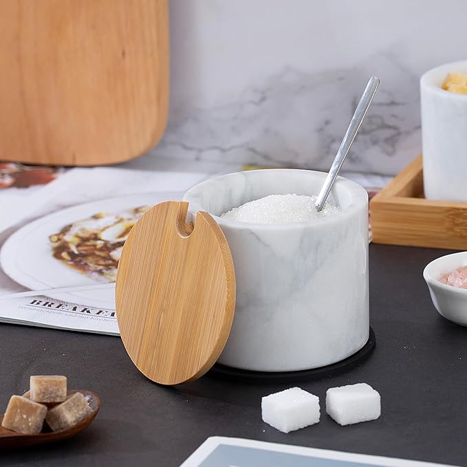 Marble Sugar Bowl with Lid & Spoon, Sugar Container 11oz,Sugar Dispenser Handcrafted from Natural Marble, Smooth Inside (light white grey)