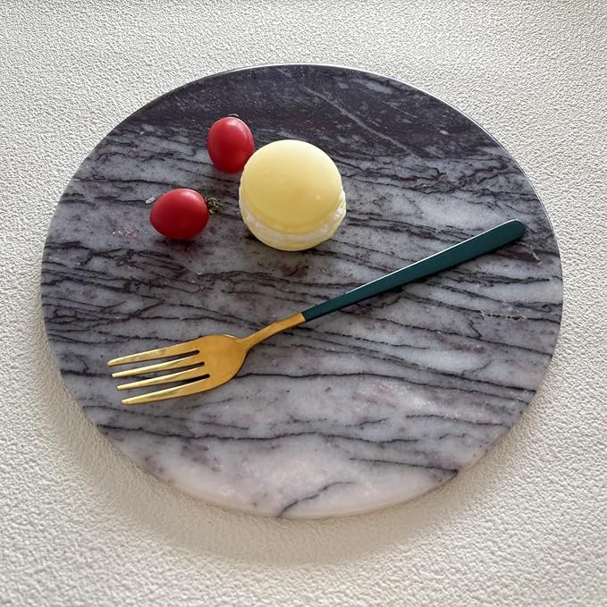 Natural Round Marble Tray Glossy Pastry Board for Dessert, Cheese, Coffee, Smooth on Both Sides (Black Purple)