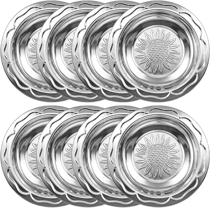 ZEAYEA 8 Pack Stainless Steel Round Tray, 11.8 Inch Metal Bar Serving Tray with Sunflower Pattern, Silver Decorative Display Serving Platter for Coffee Table, Party, Home, Ottoman