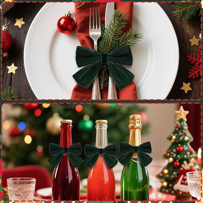 12 Pcs Green Christmas Bow Napkin Rings,Chic Xmas Velvet Napkin Ring Holders for Holiday Serviette Birthday Anniversary Party Dinner Wedding Dining Tableware Decoration