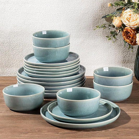 GBHOME Ceramic Dinnerware Sets for 6, 18 Pieces Stoneware Plates and Bowls Sets, Scratch Resistant Dishes, Dishwasher & Microwave Safe, Reactive Glaze-Malachite Green