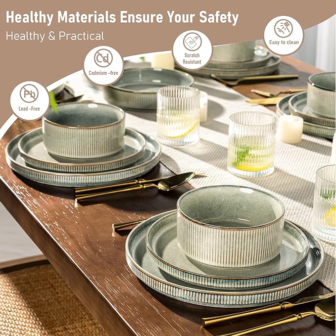 GBHOME 12-Piece Stoneware Dinnerware Set for 4 – Ribbed Ceramic Plates and Bowls, Scratch-Resistant, Microwave & Dishwasher Safe, Reactive Glaze, Desert Sage