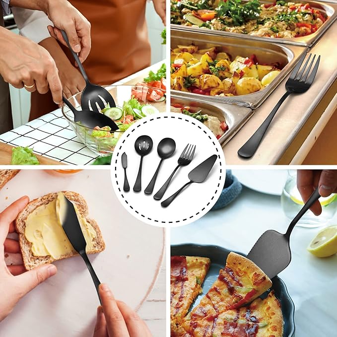 LIANYU 5-Piece Matte Black Serving Utensils Set, Stainless Steel Flatware Serving Set, Ideal for Buffet Catering Party, Satin Finish, Dishwasher Safe