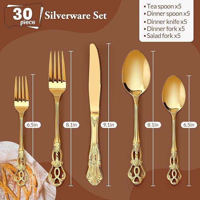 Silverware Set, 30 Pieces Retro Royal Silverware Set for 6, Anti-rust Stainless Steel Flatware Set Including Fork Spoon and Knife, Dishwasher Safe, Gold