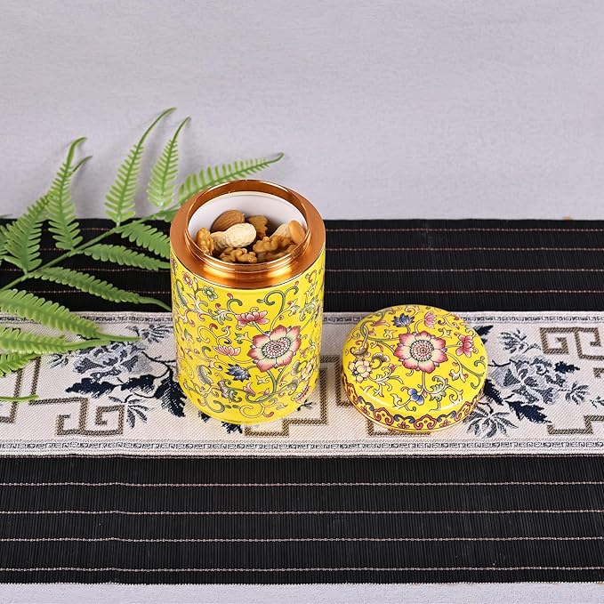 XINGYAN Chinoiserie Enamel Ginger Jar with Twist Lid - Traditional Chinese Blue and White Porcelain Style-Cylinder Design (Yellow Cylinder)
