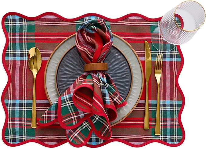 Solino Home Scallop Linen Napkins Set of 4-100% Pure Linen Red Madras Holiday Plaid Dinner Napkins Cloth 20 x 20 Inch for Christmas, New Year - Giselle Scallop Edge, Handcrafted and Machine Washable