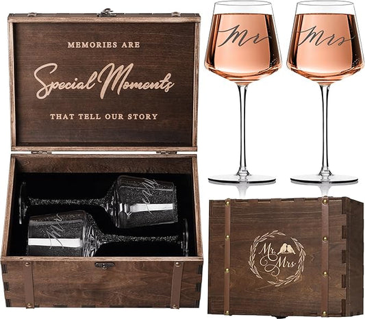 2025 Mr & Mrs Wine Glasses Gift Set with VINTAGE Memory Box – Engagement, Wedding & Newlywed Gifts for Couples, Just Engaged Gifts for Women, Christmas Couple Present