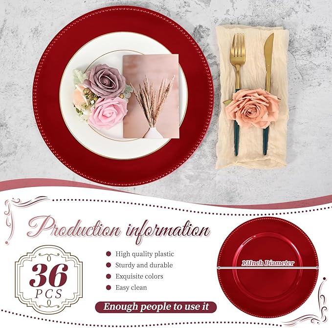 36 Pcs Red Charger Plates Round Charger Plates13 Inch Bulk Wedding Dinner Elegant Reusable Plastic Chargers Plates Wedding Holiday Party Baby Shower Event Decoration (Red)