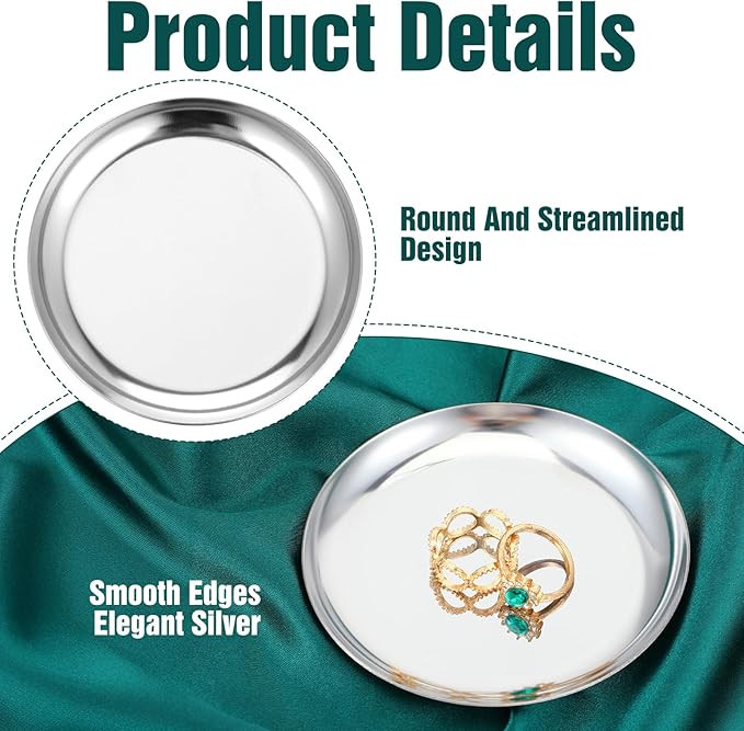 2 Pcs Silver Tray, 4 Inch Stainless Steel Round Serving Tray Circle Jewelry Trays Decorative Coffee Table Trays Display Serving Platter Candle Plate for Bathroom, Candle, Perfume, Countertop