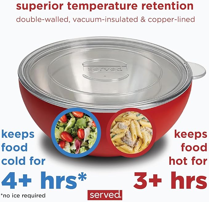 served Large Insulated Serving Bowl with Lid (100oz/3QT) - Double-Walled Stainless Steel Bowl for Hot & Cold Food - Vacuum Insulated, Spill-Resistant Thermal Bowl for Parties, Casseroles, Tailgates