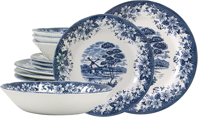 TUDOR ROYAL 12-Piece Porcelain Round Dinnerware Set, Service for 4, WINDMILL BLUE Design, Blue Floral, Plates Bowls Dishes, Premium Quality Tableware, Unique Pattern, Glossy