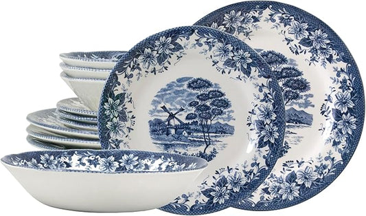 TUDOR ROYAL 12-Piece Porcelain Round Dinnerware Set, Service for 4, WINDMILL BLUE Design, Blue Floral, Plates Bowls Dishes, Premium Quality Tableware, Unique Pattern, Glossy