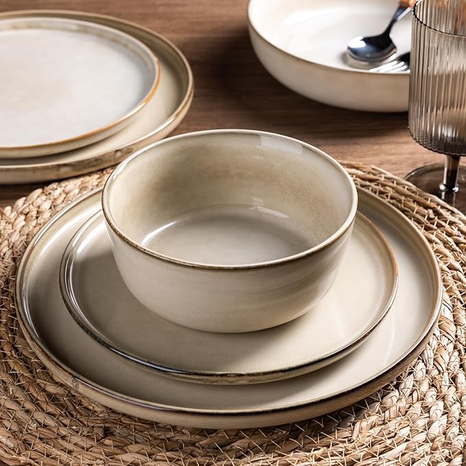 GBHOME 16 Pieces Double Bowls Ceramic Dinnerware Sets for 4, Stoneware Plates and Bowls Set with Reactive Glaze, Scratch Resistant Stoneware Dishes Set, Dishwasher & Microwave Safe