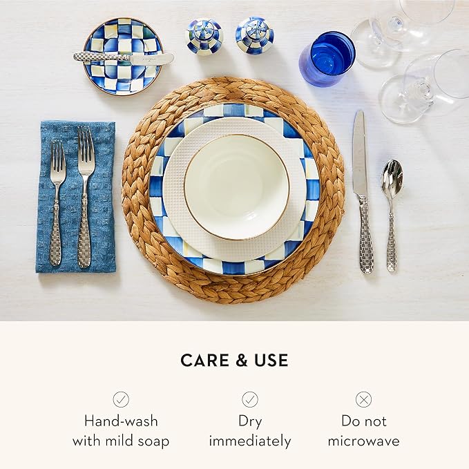 MACKENZIE-CHILDS Set of 4 Enamel Appetizer Plates, Mini Dessert Plates, 5 Inches, Blue-and-White Royal Check