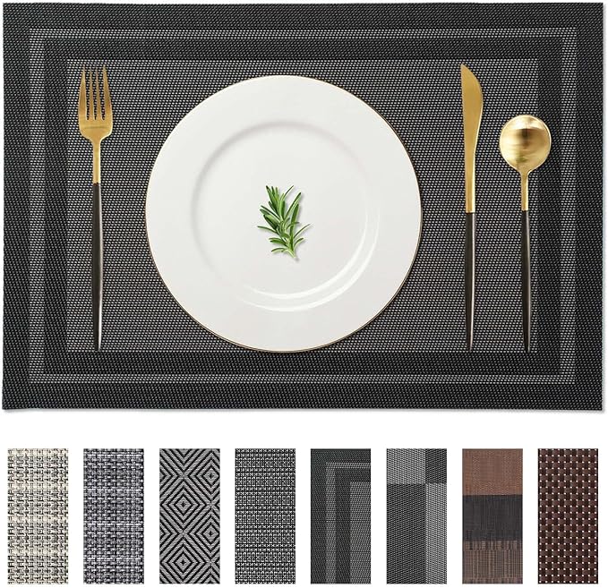 AHHFSMEI Placemats for Dining Table Set of 8 Woven Vinyl Plastic Place Mats Non-Slip Heat Insulation Stain Resistant Table Mats Washable Easy Clean Placemats (Black Frame 8)