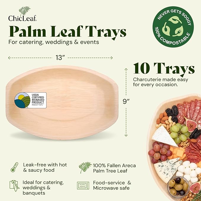 Chic Leaf All Natural Compostable & Disposable Rectangular 13" x 9" Palm Leaf Serving Tray for Events, Christmas, Charcuterie Board, Catering & Weddings - Disposable Plates Party Supplies (10 pc)