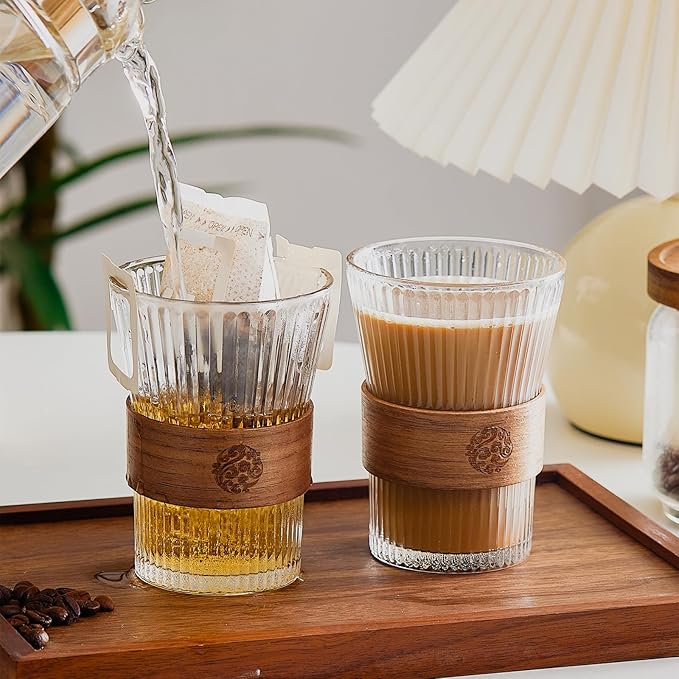 RDLBBS 2PCS Glass Coffee Mug 9oz with Bamboo Sleeve,Espresso Cups Drinking Cup set, Home Essential Glass Tumblers for Beer, Cocktail, Tea and Latte Clear