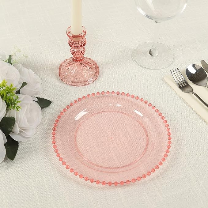 8" Salad Plates - Set of 20 - Plastic Transparent Blush Round Disposable Dessert Appetizer Plate Beaded Rim, Ideal for Dinner Party Wedding Bulk Events
