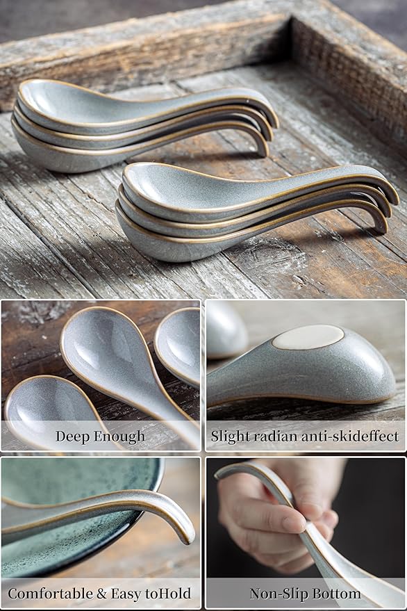 LYEOBOH Ceramic Asian Soup Spoons Set of 6 with Long Handle for Kitchen, Restaurant, Japanese Ramen Spoons with Deep Hook Design, Dishwasher & Microwave Safe, Gray