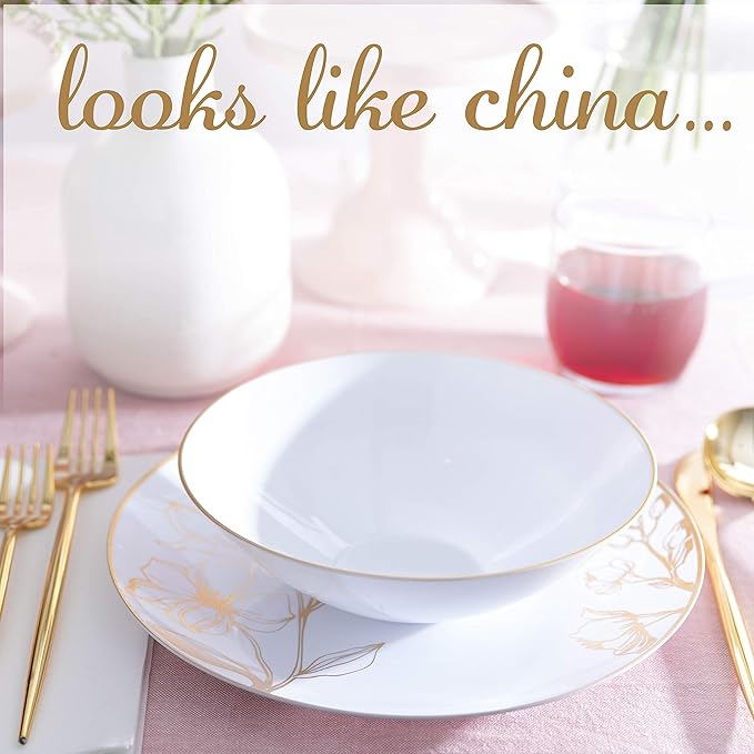 [16 OZ 40 Count] White Plastic Organic Party Soup bowls With Gold Rim Premium heavyweight Elegant Disposable Tableware Dishes