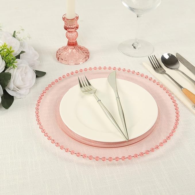 Efavormart 10 Pack Transparent Blush Plastic Dinner Plates with Beaded Rim, Round Disposable Party Plates - 10"