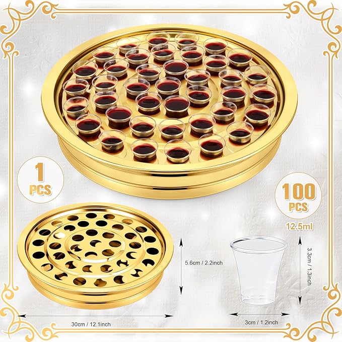 Zhehao 1 Pcs Easter Communion Trays for Churches Set Church Supplies Plates for Church with Disposable Cups (Gold)