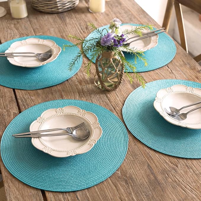 FunWheat Round Braided Placemats Set of 8 Place Mats for Dining Table Woven Washable Non-Slip Table Mats 15 Inch(Turquoise,8pcs)