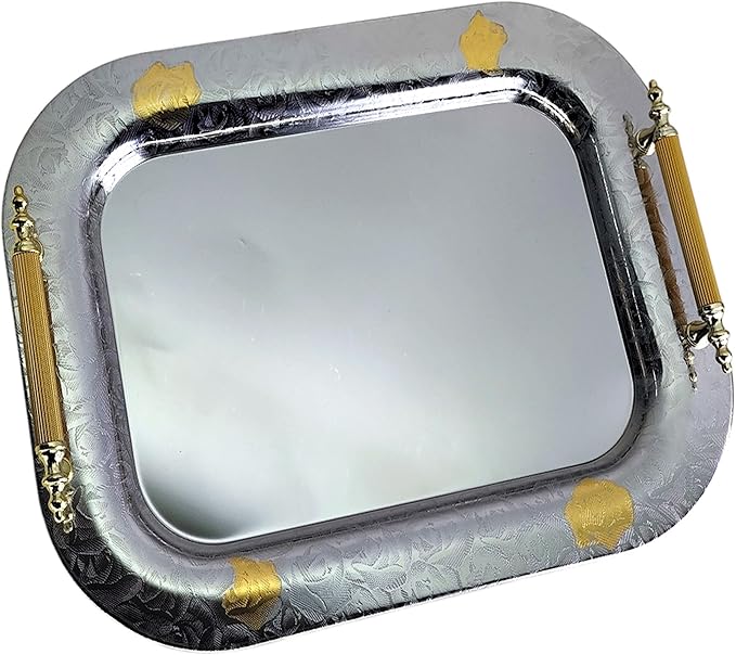 18 inch x 14.1 inch Oblong Chrome Plated Serving Tray with Handles Iron Gold Floral Engraved Decorative Party Wedding Dessert Buffet Wine Decor Platter Plate Base NC-126