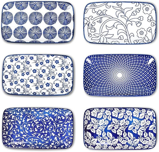 Selamica Rectangular Salad Plates, 7.1 Inch Dessert Plates Ceramic, Small Plates for Appetizer, Snack, Sushi, Fruit, Set of 6, Vintage Blue