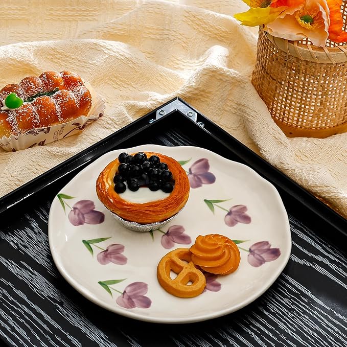 Koythin Floral Ceramic Dinner Plates, 8" Microwave Safe Dishes for Pasta, Modern Rustic Appetizer Plate for Salad Fruits Dessert Cake (Purple Tulip)