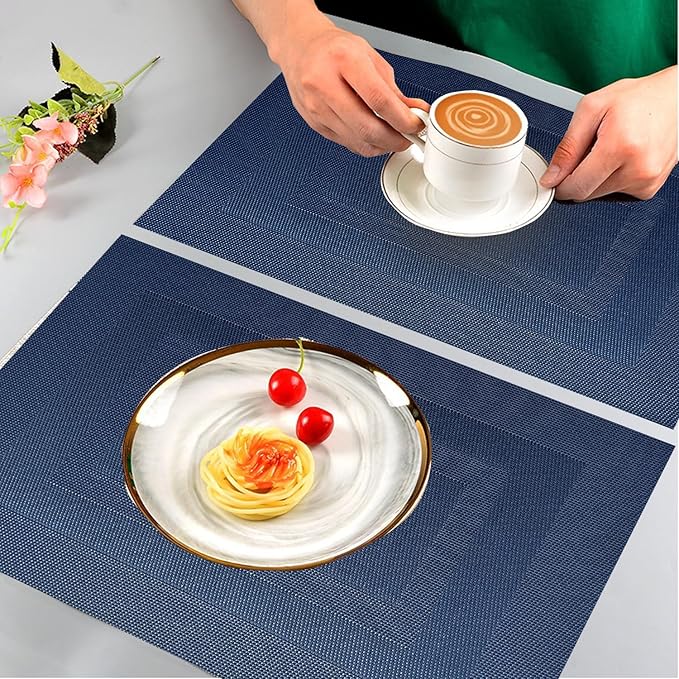 Placemats,PlasticVinyl Washable Heat-Resistant Durable PVC Non-Slip Woven for Kitchen Dining Table Mats (Blue-Midnight, Set of 6)