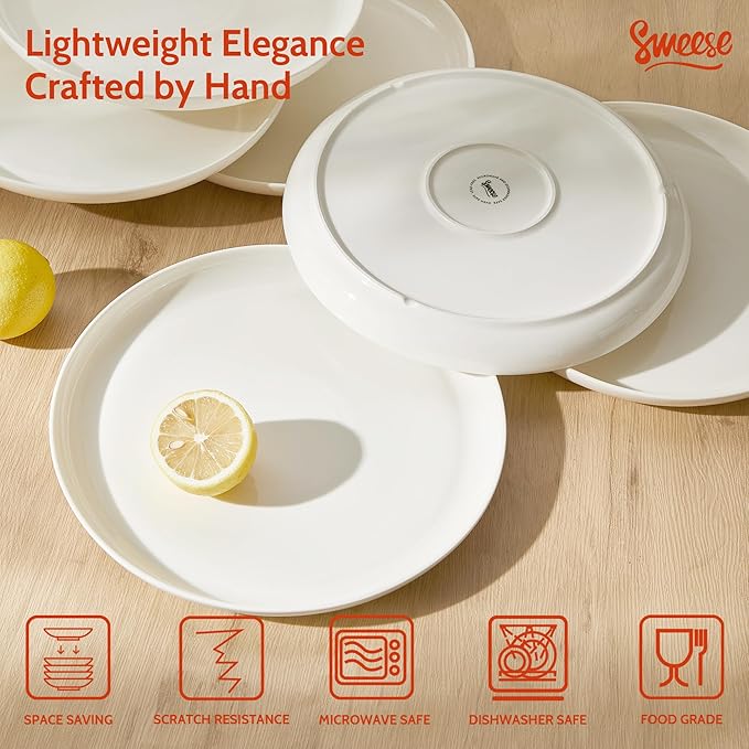 Sweese Porcelain Dinner Plates Set of 6, 10 Inch Lightweight Round Dish Set - Dishwasher, Microwave, Oven Safe, Scratch Resistant, Kitchen Serving Dishes - White