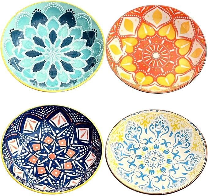 Set of 4 10 OZ Colorful Ceramic Dessert Bowls Bohemian 6 inch Serving Dishes Cute Shallow Bowls for Appetizer,Side Dishes,Sushi,Salad,Snack,Icecream,Fruit,Microwave Dishwasher Safe
