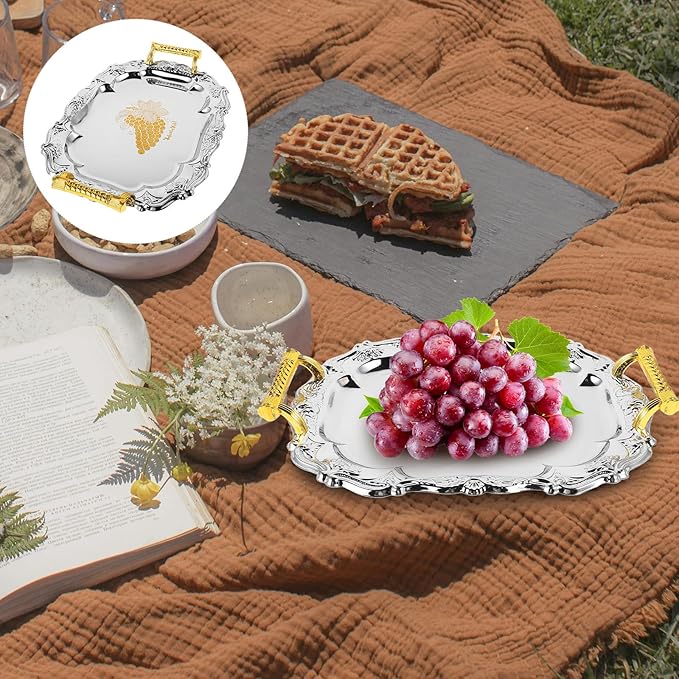 European Style Vintage Thickened Round Stainless Steel Serving Tray with Handles for Hotels Restaurants Home Dining Table Snack Fruit Food Platter