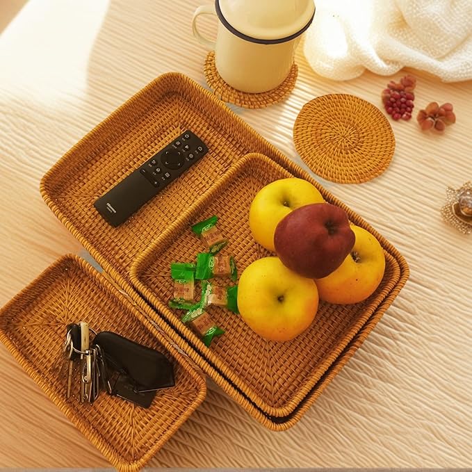 Rattan Tray Rectangle, Rattan Basket Set of 5, Wicker Decorative Serving Tray Fruit Baskets Food Serving Holders Woven Baskets for Storage Home Kitchen Restaurant Decor