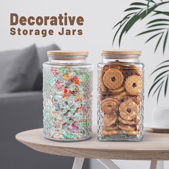 90 oz | 0.7 Gallon Large Cookie Jar, Glass Jar with Airtight Lid, Decorative Kitchen Canister with Bamboo Lids, Candy Jar | Glass Storage Air tight Glass 2600ml Square