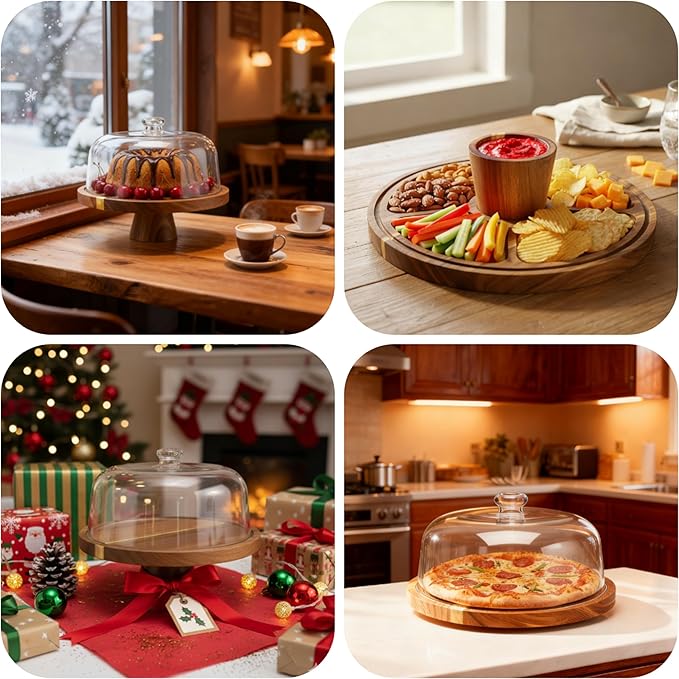 Acacia Wood Cake Stand with Scratch-Resistant Acrylic Dome Lid – 12in Round Cake Holder, 2-in-1 Dessert Display Tray & Charcuterie Board with Double-Sided Groove for Perfect Lid Placement